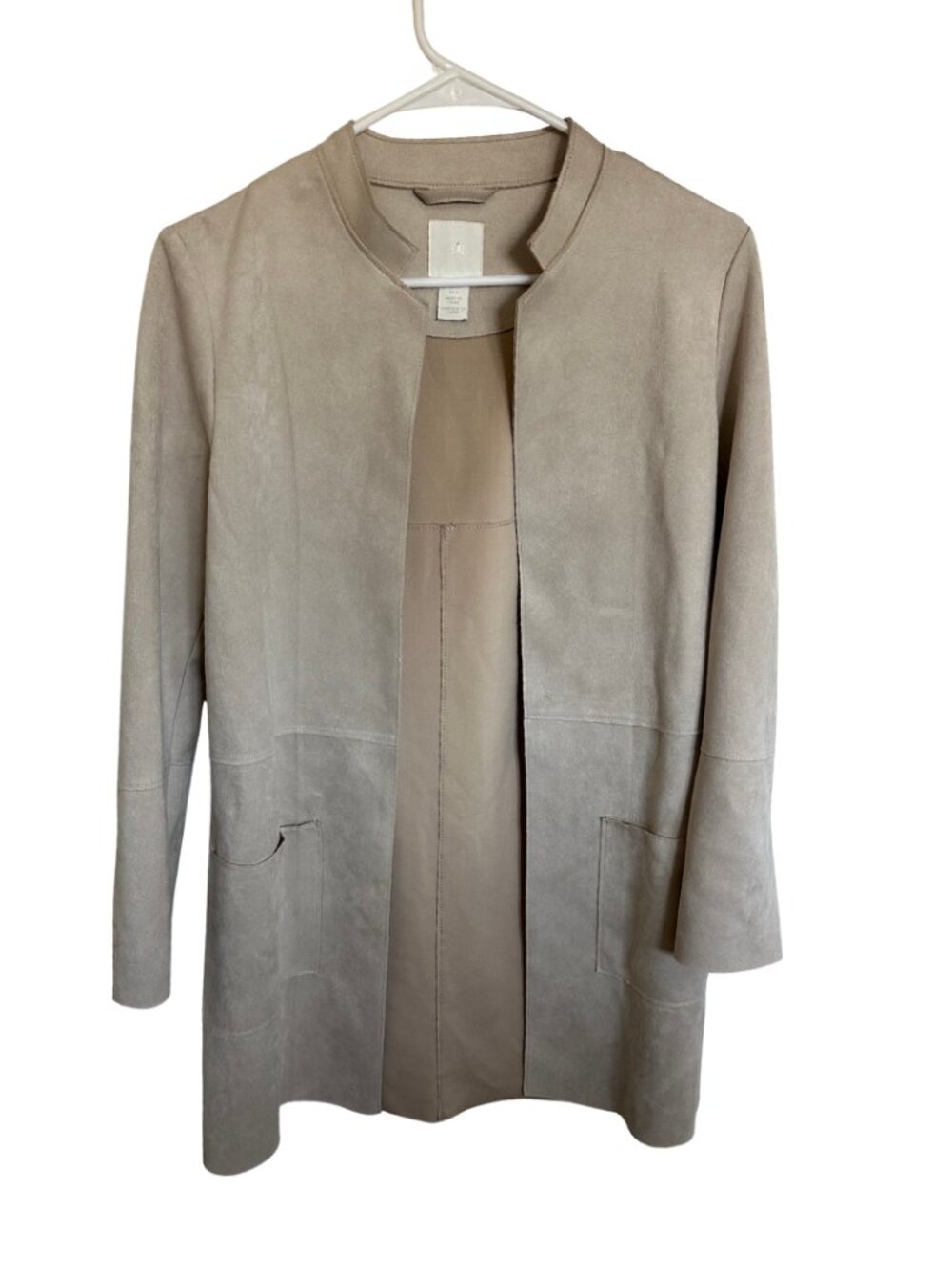 Faux Suede Open Front Beige Trench Coat (Size 2)